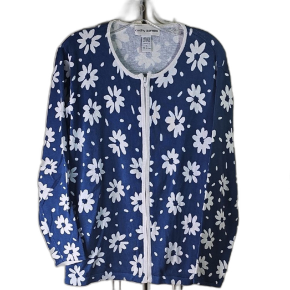 Sweater Floral Blue And White Zip Front Size XL - Picture 1 of 4